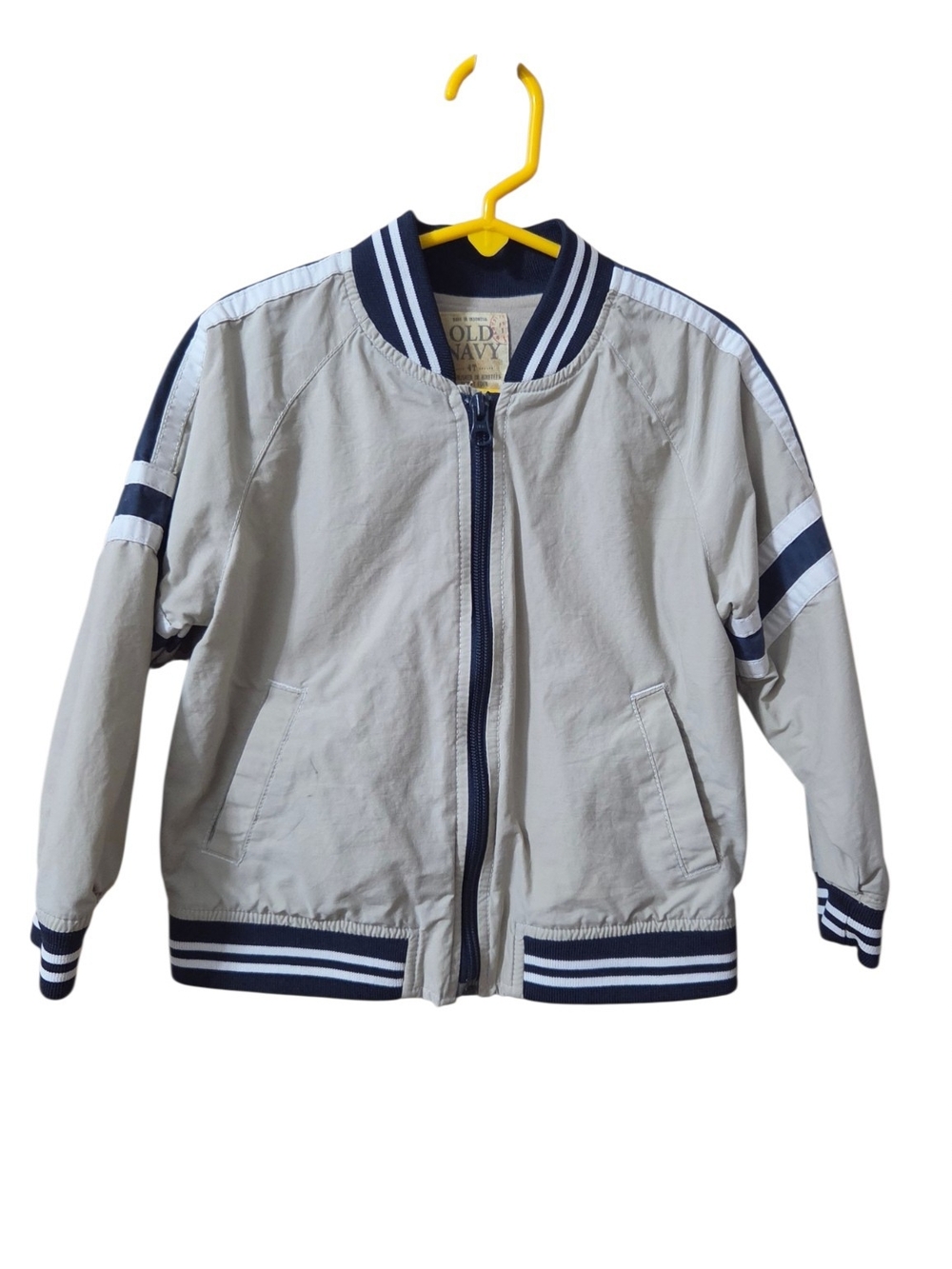 Old Navy Beige Jacket with Navy Stripes - Kids Bomber Style